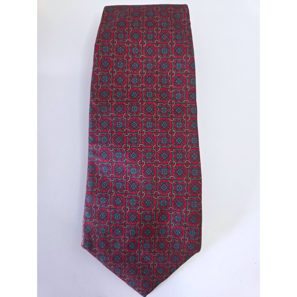 Christian Dior Mens Silk Tie Red Blue Geometric Medallion Woven in Italy USA